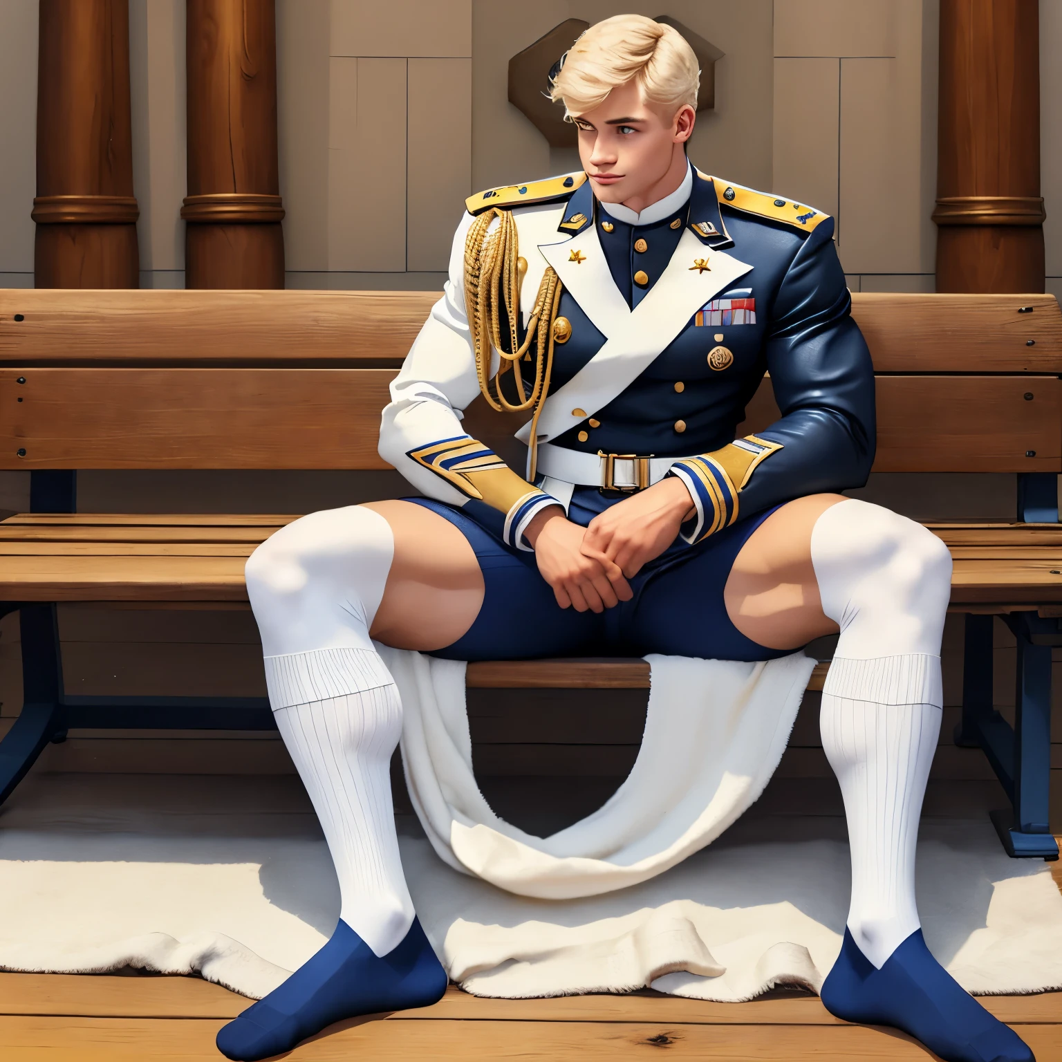 full view full body, one elite military school white blonde guy with military haircut, in navy-blue and gold leather uniform, navy-blue and gold leather shorts, long high white socks, shoes off, ancient gold signet ring, slim muscle, sitting in his long white socks on wooden bench in royal stables showing off his white socked feet, HQ photo