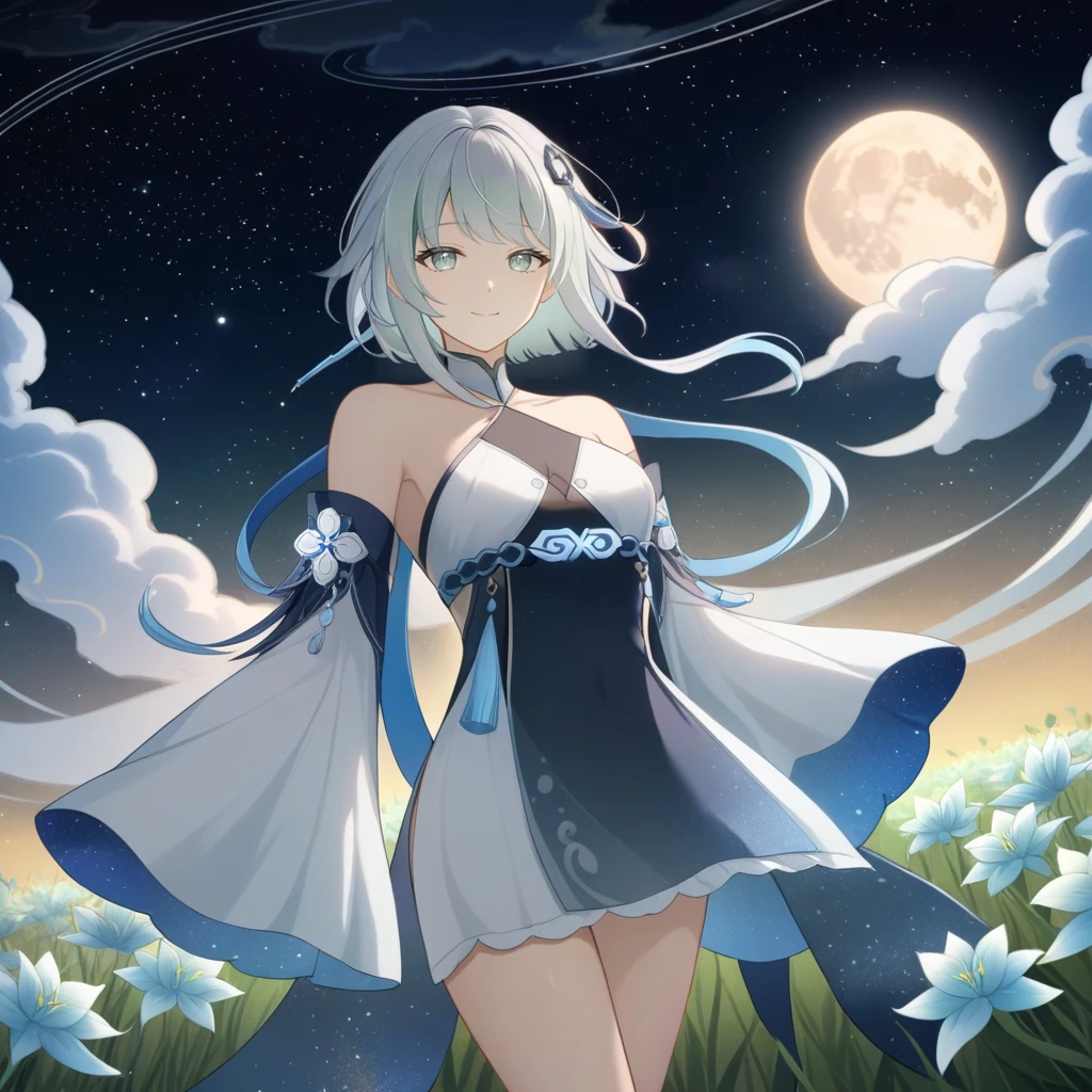 1girl, guizhong_\(genshin_impact\),light grey hair,short_hair_with_long_locks,starry_sky_print,detached_sleeves, long sleeves_past_fingers,hanfu,illustrated by matsuryuu and agahari and dsmile,pale blue eyes,stunning field of softly glowing blue and white glaze lilies,night scene,gentle smile,moonlight,glossy lips,vivid anime coloring,cel shading,smooth, soft dreamy focus,anklet,halter_top,white clothes,highly detailed,digital painting,field of flowers,bare_shoulders,wlop,barefoot,cool night tones, magical night scene,masterpiece, best quality, film, professional, 4k, highly detailed,Guardian nebula of rainbow light and silvery vapor,starry,cosmic,goddess,rich color,hdr,silver moon,

A woman shrouded in mystery, Stand gracefully on the endless shore, Surrounded by shimmering stardust, The bell Creates a faint glow in the haze. Her face, Full of expression and depth
