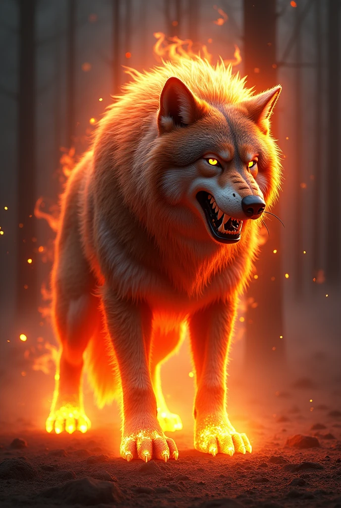 Giant wolf with red and gold colors and fire around it, black background.