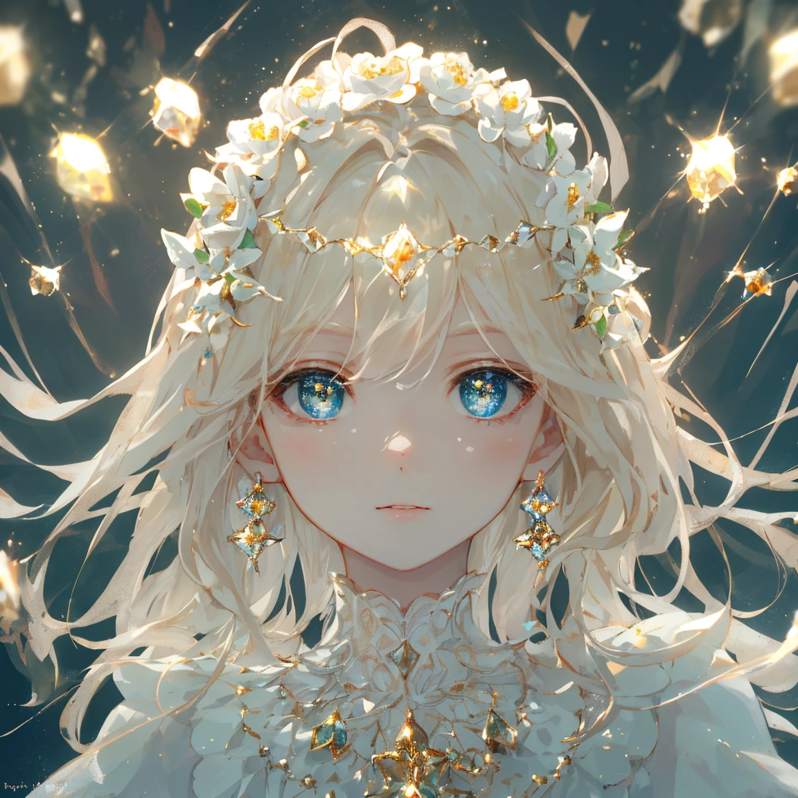 1 girl masterpiece, highest quality, shape, crystal ivory cream delight eyes and hair, crystal ivory cream delight earrings, crystal ivory cream delight necklace, soil, earth fairy, cute, (dynamic lighting:1.2), cinematic lighting, delicate features, fine eyes, sharp pupils, realistic student, written boundary depth, Bokeh, sharp focus, (very detailed, bloom, shine:1.4), lots of little gems