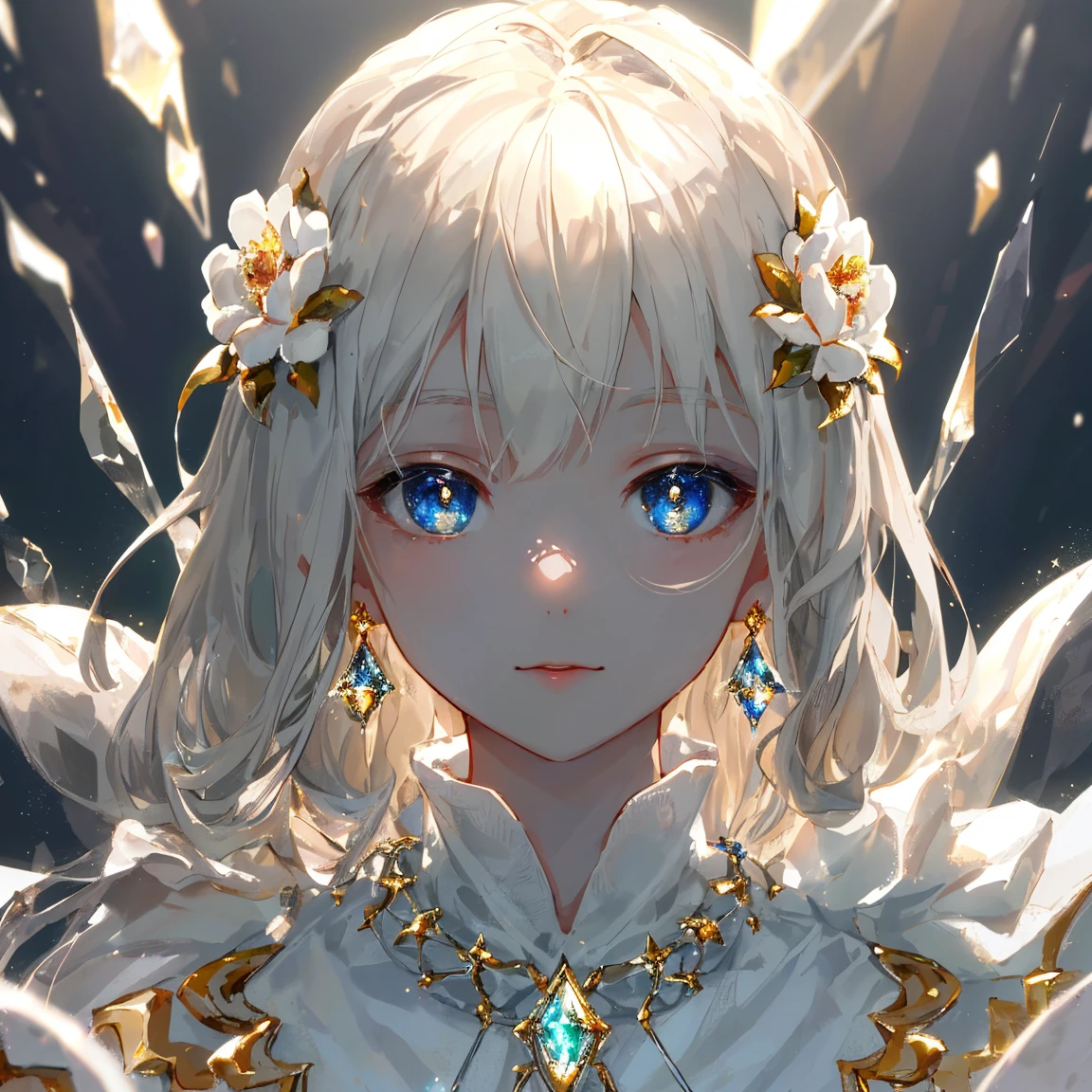1 girl masterpiece, highest quality, shape, crystal ivory cream delight eyes and hair, crystal ivory cream delight earrings, crystal ivory cream delight necklace, soil, earth fairy, cute, (dynamic lighting:1.2), cinematic lighting, delicate features, fine eyes, sharp pupils, realistic student, written boundary depth, Bokeh, sharp focus, (very detailed, bloom, shine:1.4), lots of little gems
