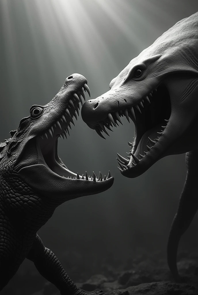 a shark with a crocodile in black and white