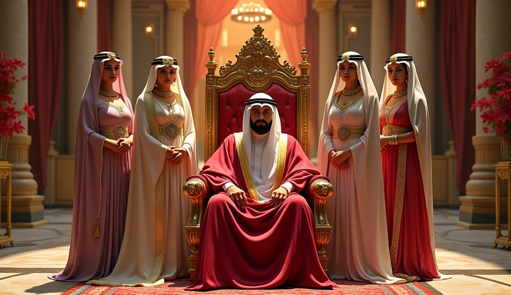 Give me a very realistic and captivating photo of the king of Dubai sitting on his royal throne inside his palace, next to him are his 5 beautiful wives, very well lit photo, bright and striking colors, lots of detail, 4k,