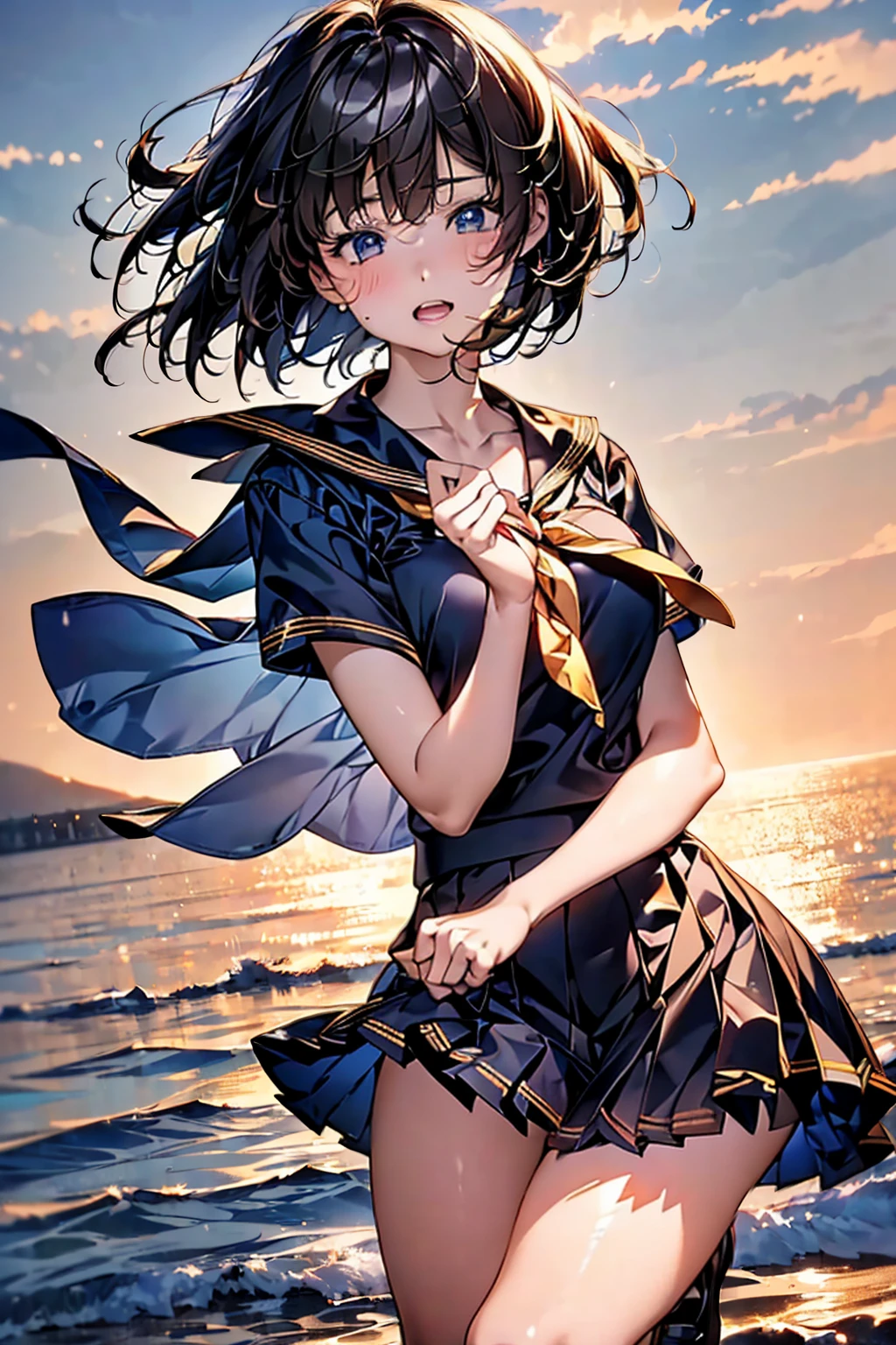 Browsing Caution,(Highest quality, 8k, masterpiece:1.3,beautiful girl), (Very detailed)Glowing Skin,((Short sleeve, cute navy sailor suit, Navy Pleated Skirt, Navy sailor collar, Blue Sailor Scarf, socks, Brown Loafers)), running、Mr... Turning,(Perfect Anatomy, Anatomically correct, Very detailed肌),((Golden Eyes)),((Perfect Fingers,Five Fingers)),((Black Hair,Bobcut,)),Natural Makeup,Smile in full bloom、Rear View、cheeks turn a little red,Seaside、Hair fluttering in the wind、Brush your hair back