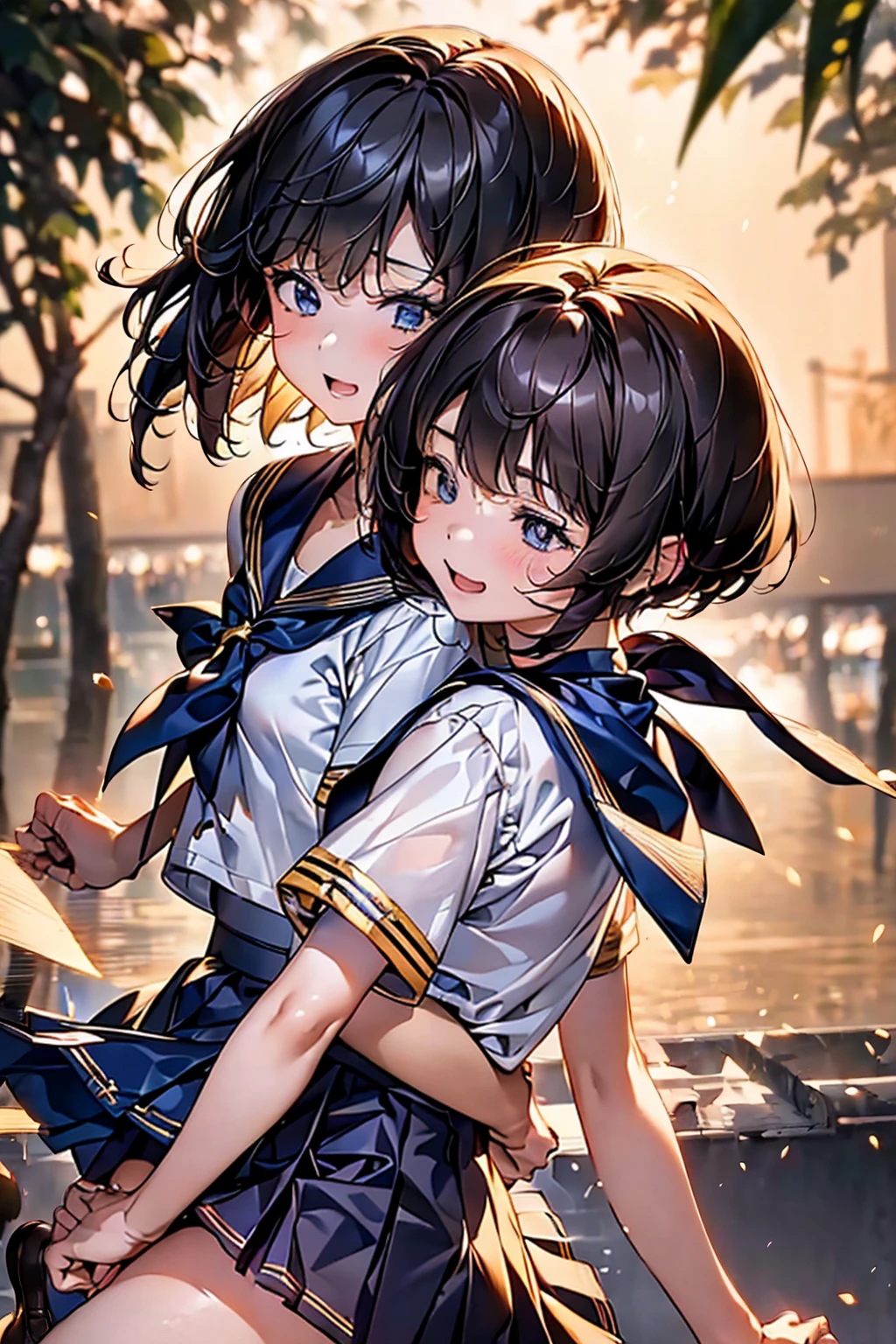 Browsing Caution,​(Highest quality, 8k, masterpiece:1.3,beautiful girl), (Very detailed)Glowing Skin,((Short sleeve, cute navy sailor suit, Navy Pleated Skirt, Navy sailor collar, Blue Sailor Scarf, socks, Brown Loafers)), running、Mr... Turning,(Perfect Anatomy, Anatomically correct, Very detailed肌),((Golden Eyes)),((Perfect Fingers,Five Fingers)),((Black Hair,Bobcut,)),Natural Makeup,Smile in full bloom、Rear View、cheeks turn a little red,Seaside、Hair fluttering in the wind、Brush your hair back