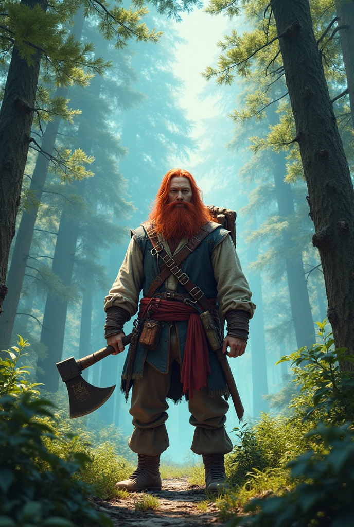the best quality, very high resolution, detailed 4K CG, work of art, red hair,barba ruiva,pirate, tall trees, blue sky, beautiful aesthetic, Beautiful picture, centered on screen, traveler clothes, ax