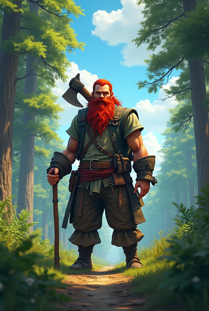the best quality, very high resolution, detailed 4K CG, work of art, red hair,barba ruiva,pirate, tall trees, blue sky, beautiful aesthetic, Beautiful picture, centered on screen, traveler clothes, ax