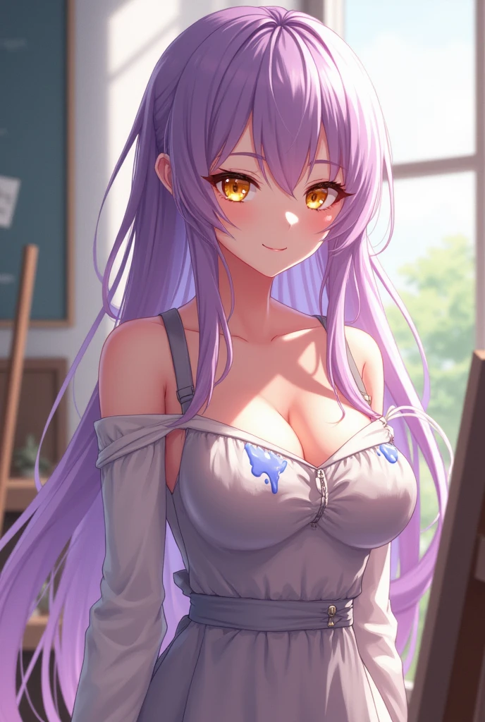 a beautiful girl, long soft lilac hair, amber eyes, big breasts, Estilo Genshin Impact, anime, Art teacher, teacher attire, paint stained apron, calm and smiling expression, yellow eyes 