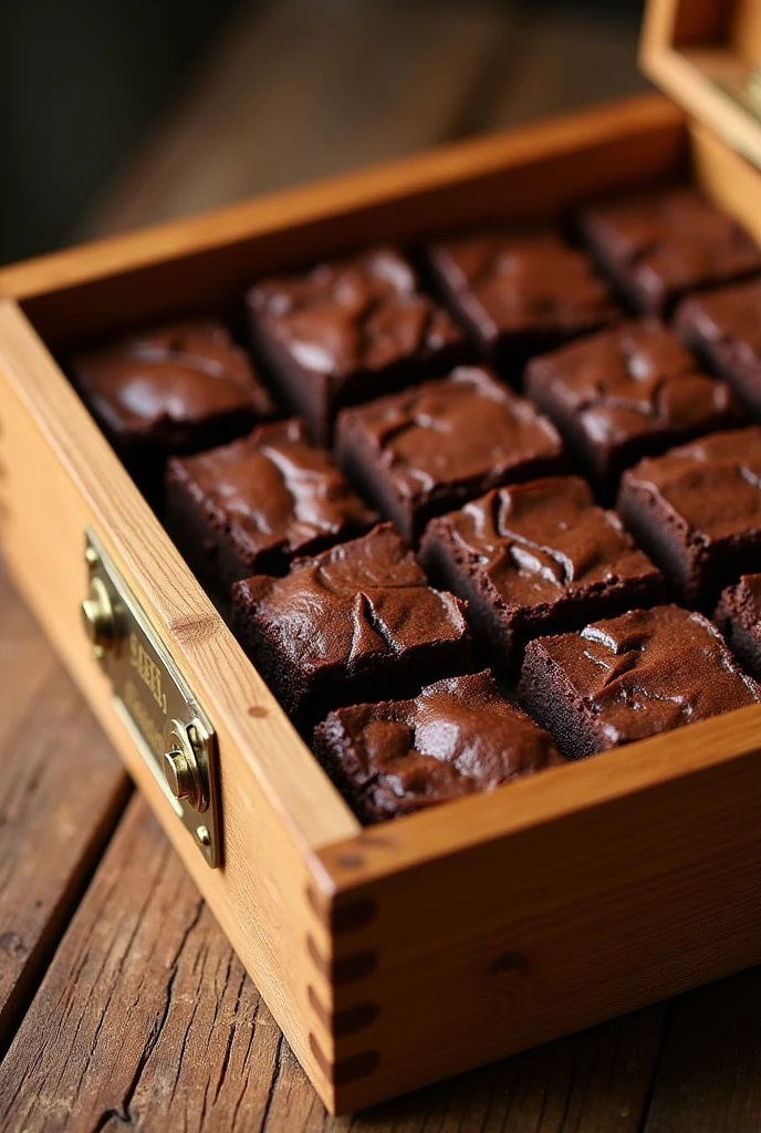 Packaging a box of brownies in a wooden box with nice details, as a gift