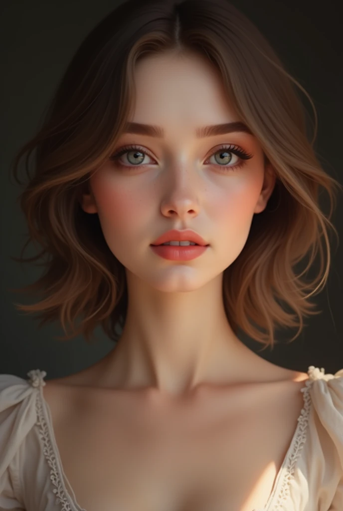 A woman's face , skin fair, clear eyes, medium long hair, seductive but delicate face