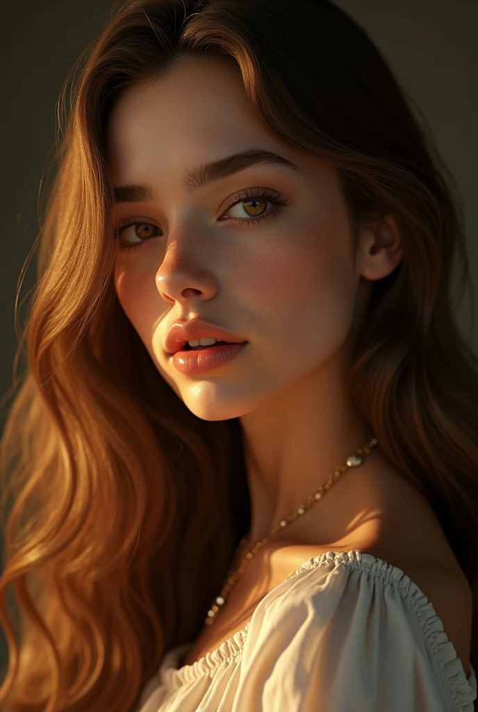 a 15 year old girl with long dark blonde natural hair, honey brown eyes, detailed portrait, beautiful detailed eyes, beautiful detailed lips, extremely detailed face and eyes, long eyelashes, elegant, serene expression, warm lighting, cinematic lighting, dramatic lighting, chiaroscuro lighting, highly detailed, intricate details, masterpiece, photorealistic, 8k, hyper realistic, realistic skin texture, beautiful skin, cinematic composition, symmetrical, harmonious, elegant, dynamic pose, female, portrait, realistic