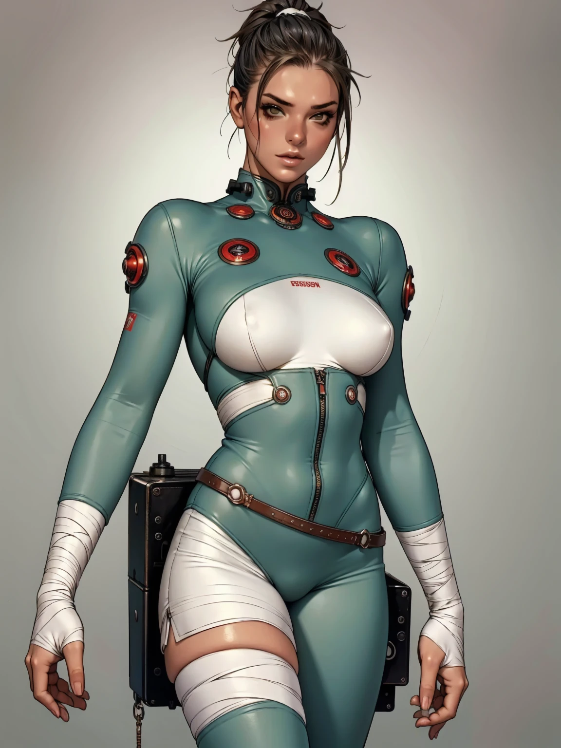 (((short arms))), ((( zombie girl ))), (((bandaged arms))), ((high collar)), (((green with red details))), (((best qualityer: 1.4))), (Unbeatable masterpiece), (hiper HD),(CG 8k hyper-realistic), (((brave face))), (((breasts big))), (((hyper feminine))), sexly girl, Kizi zumbi com pele azulada, scars and stitches on the skin of the neck, arms and legs,（punk messy hair)), ((( sculptural body ))), (((1 Kizi))), Kizi zumbi de 18 anos com perfectbody,,Beautiful and well-groomed face,muscular body:1.2,solid color detailed jacket, (Head to thigh photos)， Complex equipment, green dark，Long pants，Tight clothes are dark，With white stars and off-white stripes,,,,,Armor Metal Electronic Parts, Poison tattoos ) INFO, Kizi, (((standing alone))), pirralha violent, ((())), sexly, pose de atitude, work of art, post-apocalypse, (((manga style))), bounty hunter, violent, Manic, the way you want, slenderbody, thin but strong, perfectbody, roupa moderna, advanced technology, neon, sleeves with vertical striped pattern, neutral background, (( cowboy shot )). intricate visual