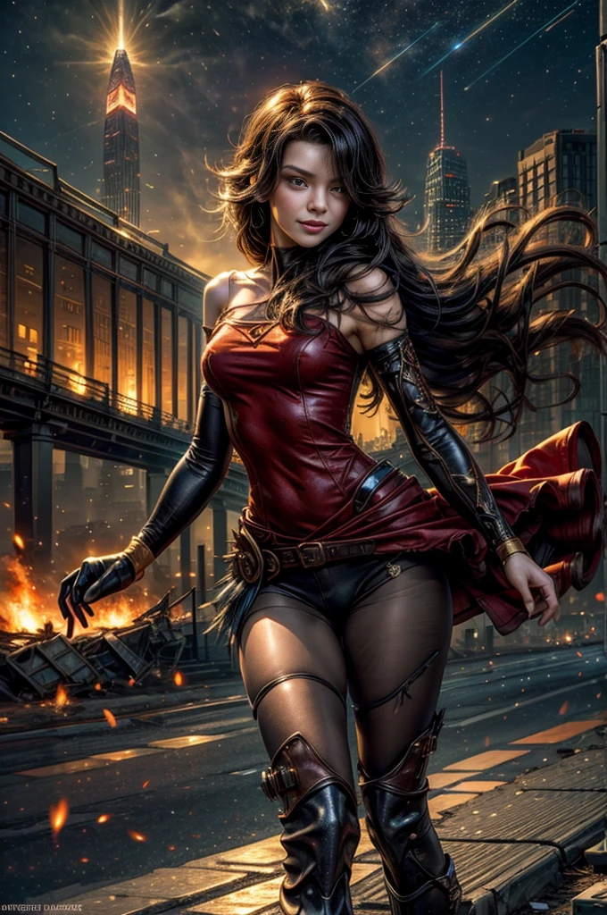 (masterpiece, best quality:1.2), cowboy shot, solo, 1girl, cinder fall, looking at viewer, long hair, red dress, elbow gloves, pantyhose, dynamic pose, next to wrecked bridge, wrecked skyscrapers, holding fire, night, stars, evil smile, post-apocalypse, dystopian future  crowd, (volumetric lighting), sharp focus, hyper detailed 