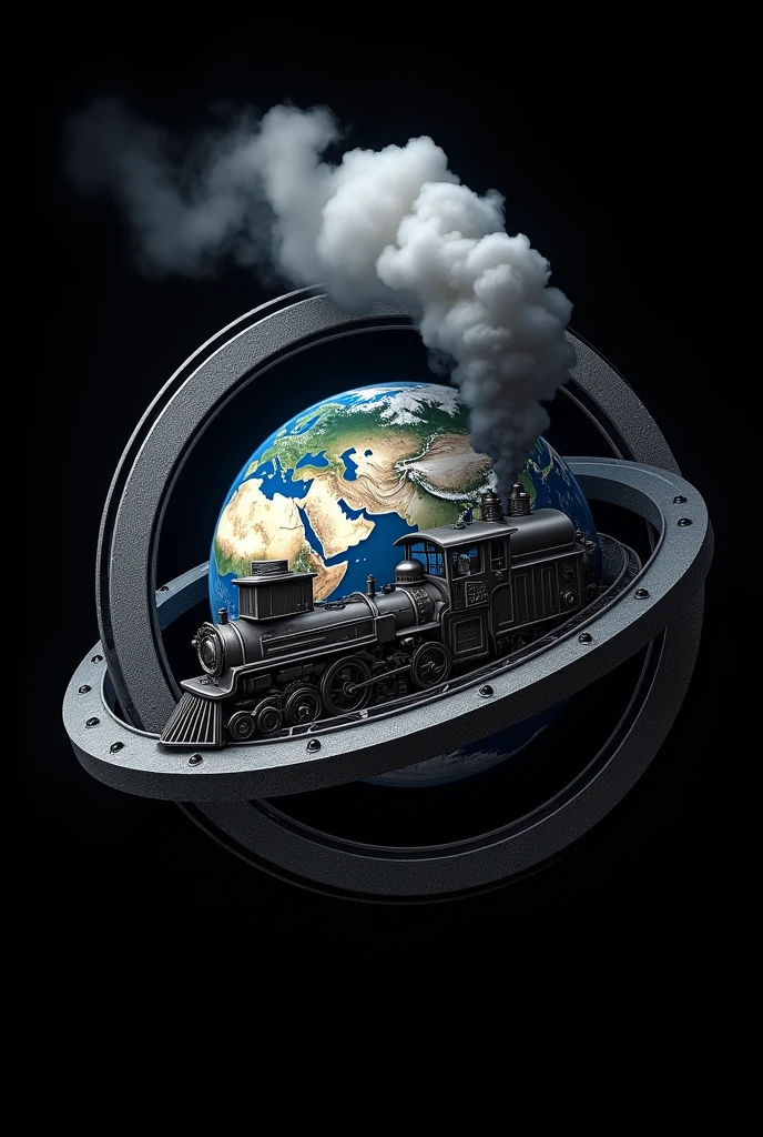 A logo with a railroad from the industrial revolution revolving around the planet Earth
