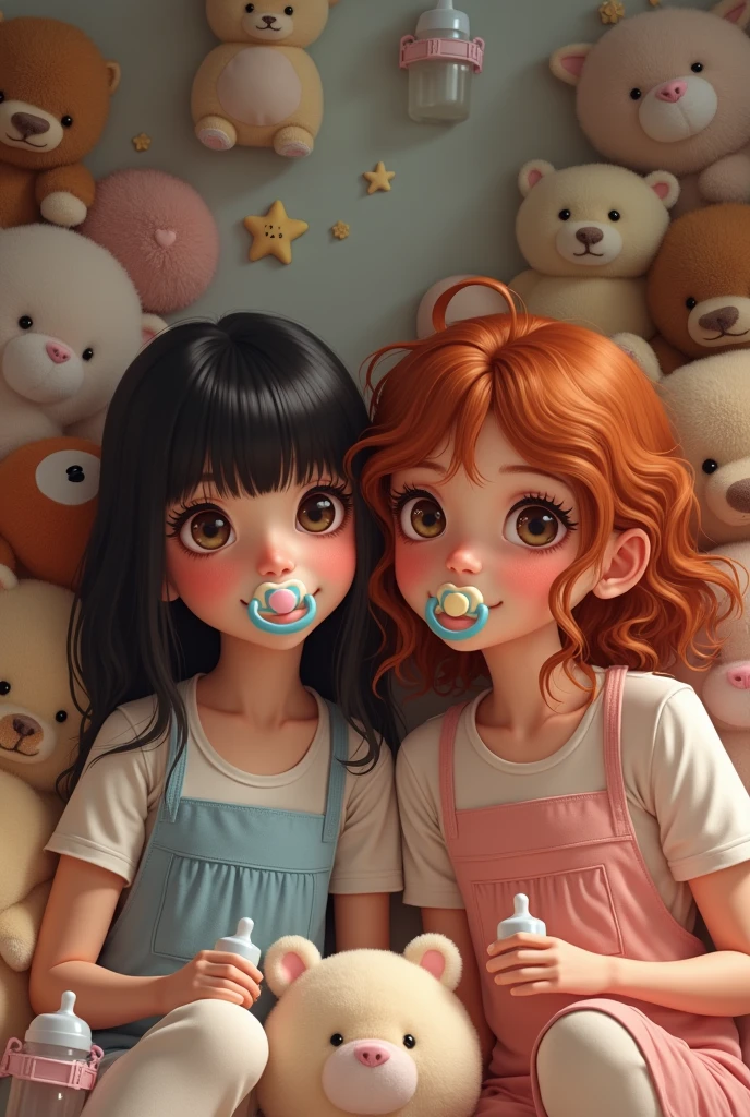 Create two teenage girls, one with black hair and one with red hair, Make the one with straight black hair, brown skin and dark brown eyes and the one with light red hair and curly hair, brown skin and dark brown eyes. Make them with a pacifier in their mouth and baby bottles next to Little Space age regression things and stuffed animals.