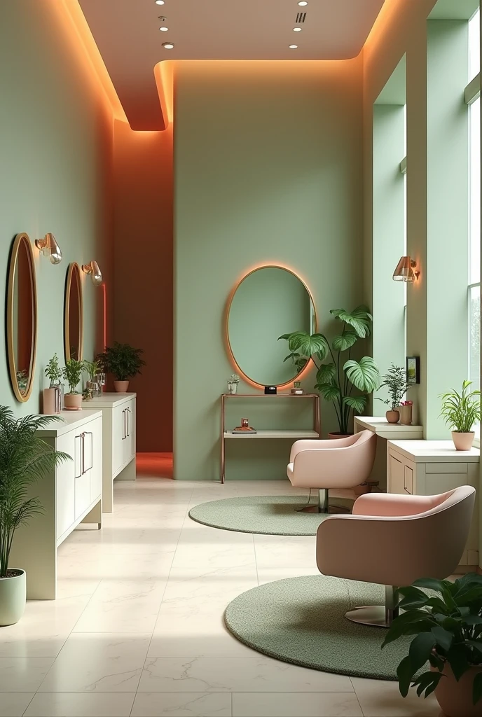 A simple beauty salon, but chic, inner part with green and pink tones, showing chairs and mirrors. The image must be full screen
