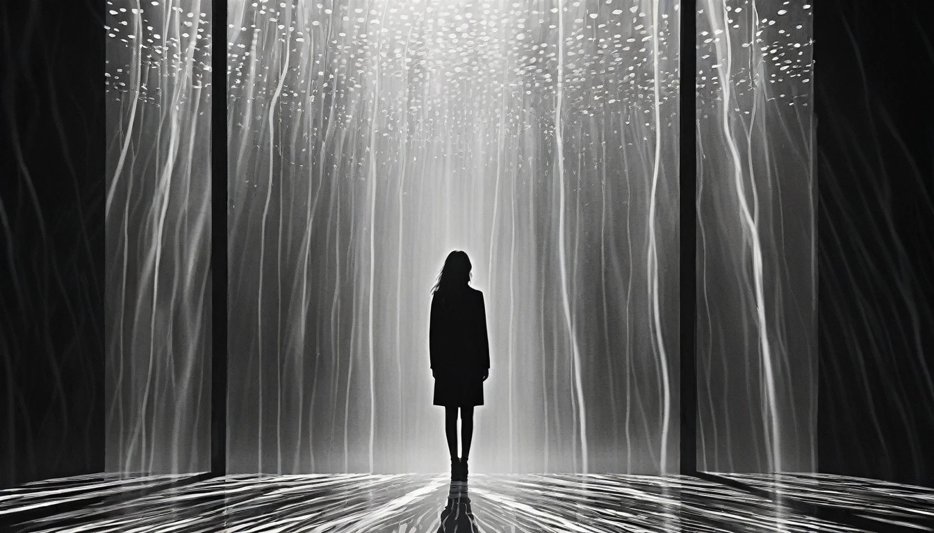 Individual looking out a rain-streaked window, their reflection barely visible, minimalist Journey,highres,ultra-detailed,realistic,portrait,monochrome,contrast,bold lines,dark atmosphere,simple composition,dramatic lighting,expressive face,subtle emotions,striking gaze,intense stare,simple clothing,mysterious background,haunting beauty,graceful pose,mysterious aura,vivid black and white tones,ethereal,concept art,journey of self-discovery,quiet introspection,depth of the soul,symbolic representation,minimalist environment,subtle details,emotional depth,striking simplicity,balance of light and darkness,surreal experience,striking shadows,subtle textures,detailed expression,striking visual impact,straightforward yet thought-provoking,wide range of emotional interpretation，shadow，anatomical correct:2
