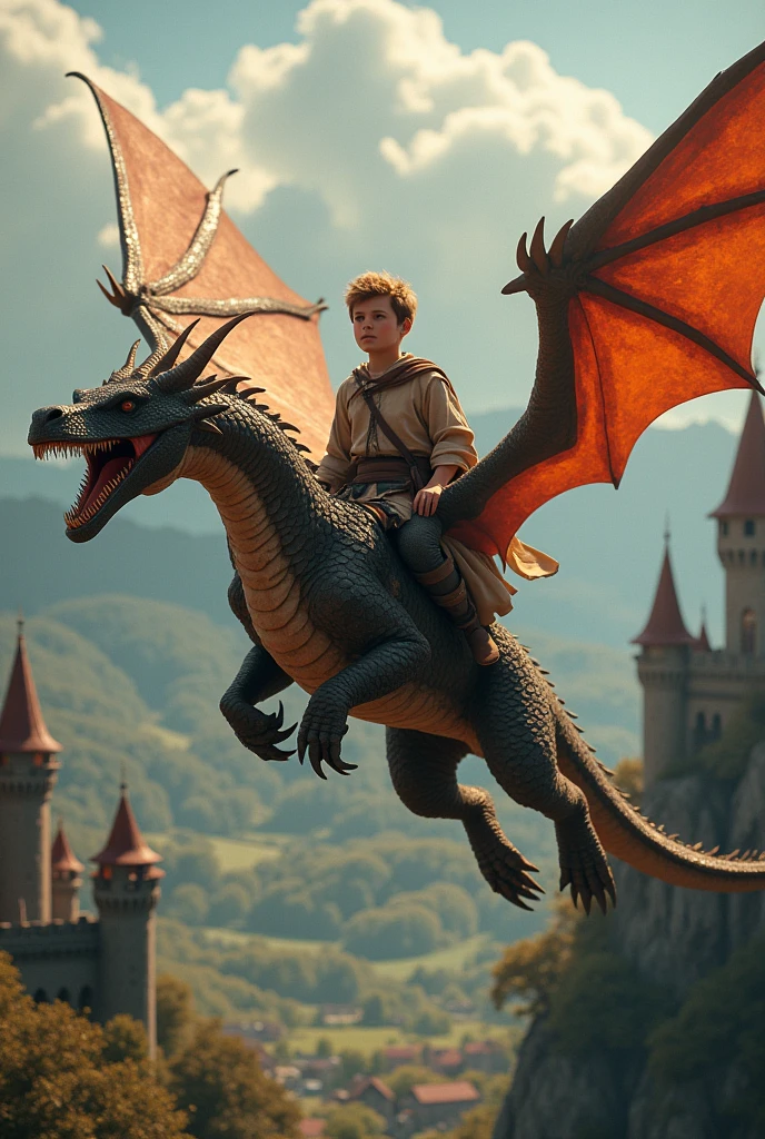 The medieval boy with a fire-breathing dragon