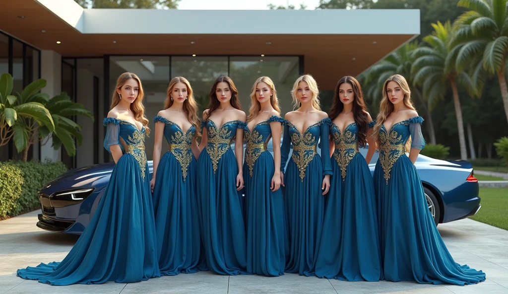 CREATE IMAGES OF YOUNG WIZARDS WITHOUT HAT, BLUE DRESS WITH A LOT OF GOLD NEXT TO AN IMPORTED CAR AND AN ULTRA-MODERN HOUSE WITH SEXY WOMEN BY THE SIDE