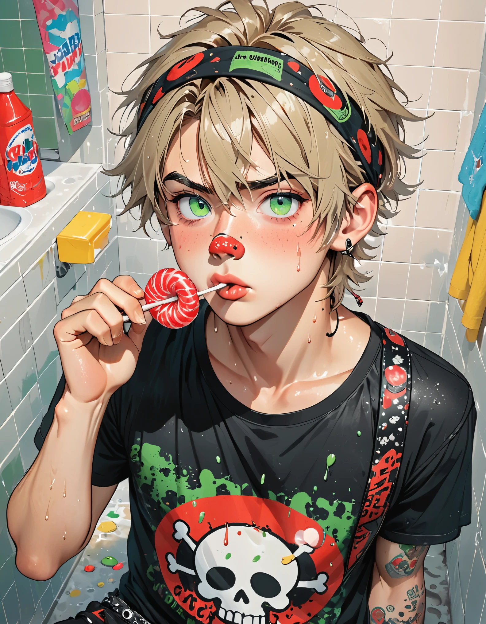 Boy with ash blonde hair, short messy hair, long eyelashes, red circles under his eyes, gray-green eyes, hair band tied around the head, black t-shirt with skull print, handsome, very sweaty, ultra freckled cheeks, band-aid on his nose, rocker boy, eating a llolipop, smell of sweat, rocker loser boy style, in a dirty bathroom, view from above,peeing
