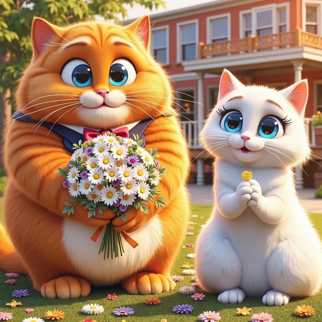 an orange, chubby cat, dressed in a classic black tuxedo with a bow tie, looks excitedly at his reflection in a mirror. The scene includes a montage of prom preparations, showcasing cat’s orange fur and chubby build in a refined and elegant style.