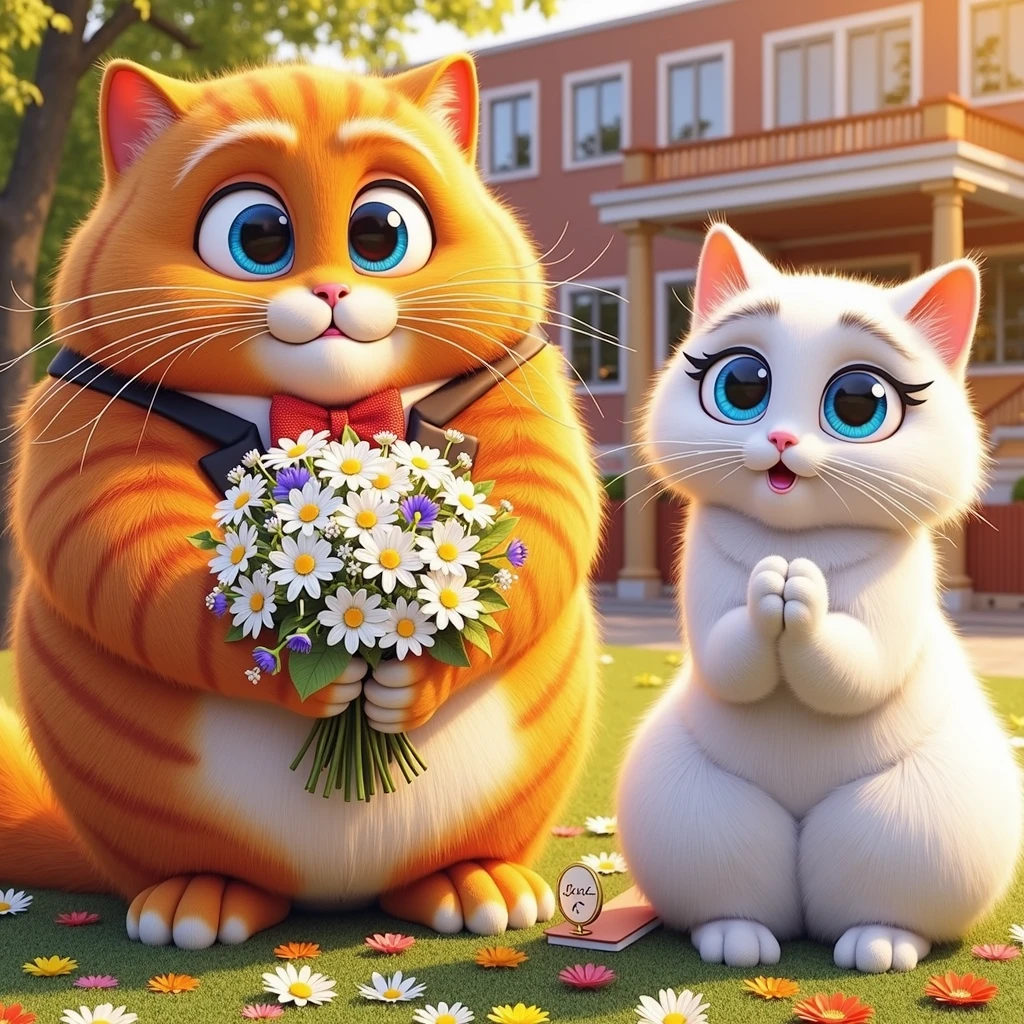 an orange, chubby cat, dressed in a classic black tuxedo with a bow tie, looks excitedly at his reflection in a mirror. The scene includes a montage of prom preparations, showcasing cat’s orange fur and chubby build in a refined and elegant style.