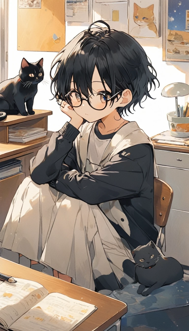 anime boy with black hair and glasses sitting at a desk with a cat, inspired by Okumura Togyu, inspired by Okumura Masanobu, in anime style, anime visual of a cute cat, in an anime style, anime asthetic, anime cat, anime aesthetic, modern anime style, anime lover, anime picture, pin on anime