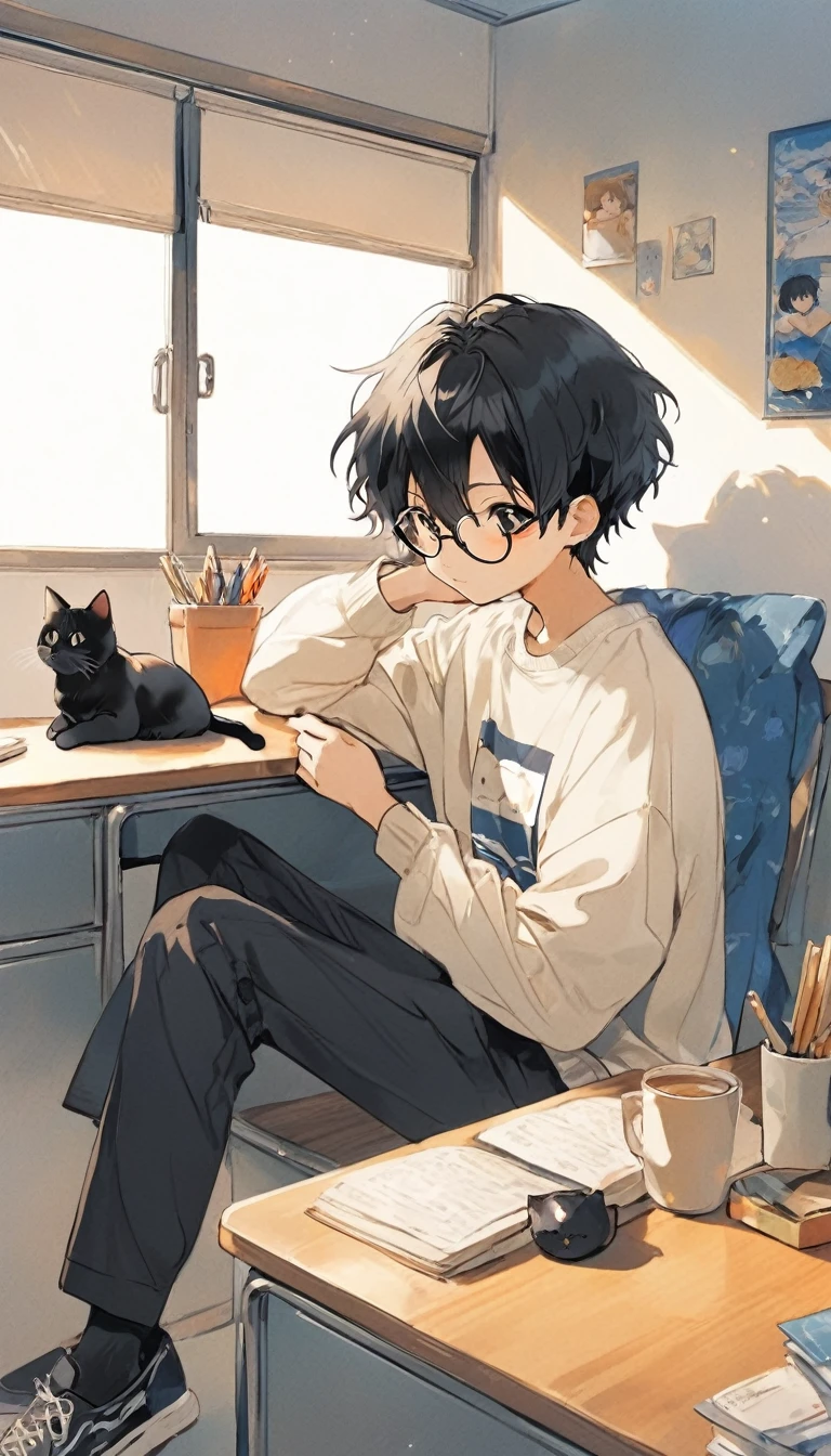 anime boy with black hair and glasses sitting at a desk with a cat, inspired by Okumura Togyu, inspired by Okumura Masanobu, in anime style, anime visual of a cute cat, in an anime style, anime asthetic, anime cat, anime aesthetic, modern anime style, anime lover, anime picture, pin on anime