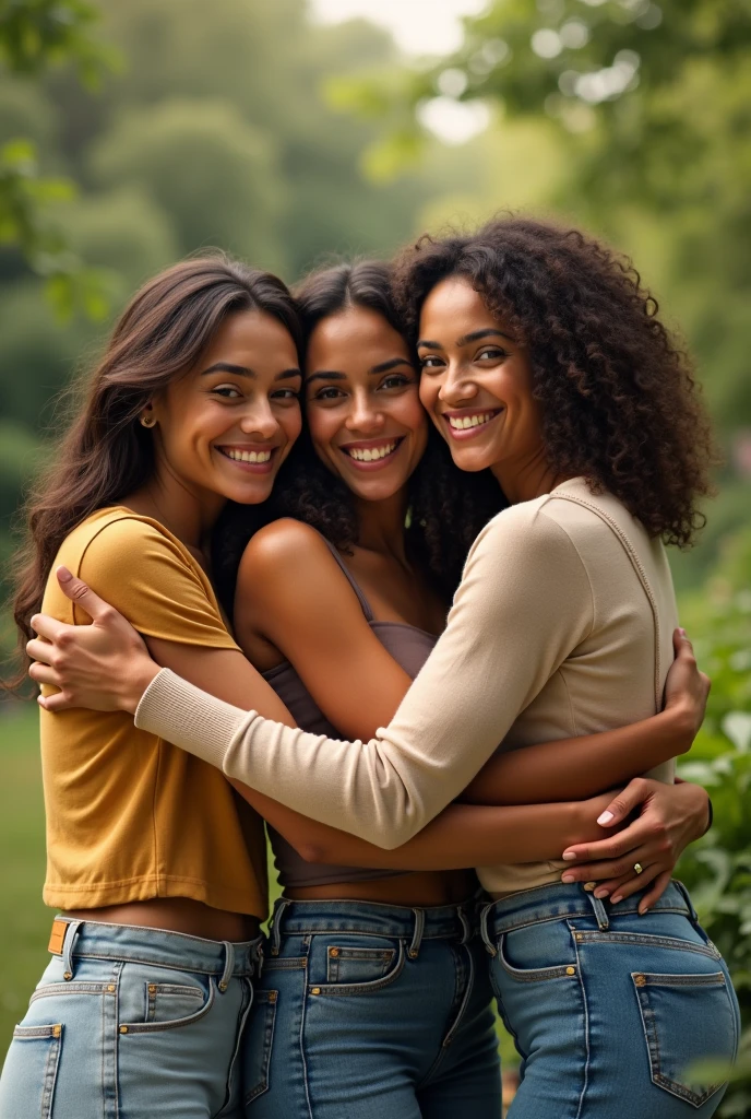 Create a photo of a 30 year old young woman, with long light brown hair tied in a ponytail with a lock of hair over her face, slender and beautiful body, wearing jean shorts and an open yellow shirt without a bra with bare breasts, with white and clear skin, is facing the camera being hugged and lifted high into the air by two black teenagers, dark-skinned, obese, ugly, low, with short hair who is wearing a blue dress and glasses