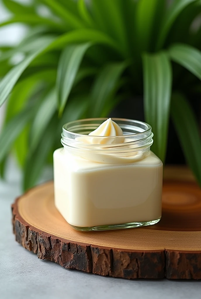 A smooth mousse dessert inside the plastic jar in those 220 ml square jar cake jars with the lid closed and that has a green plant background, The mousse pot will be on top of a wooden board