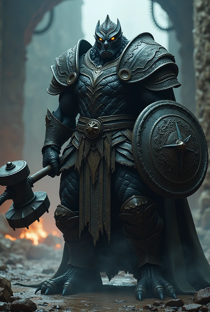 A DARK BLACK DRAGONBORN PALADIN WITH YELLOW EYES, WEARING FULL SCALE ARMOR AND WITH A WAR HAMMER IN HIS MAIN HAND AND SHIELD IN HIS OTHER HAND.