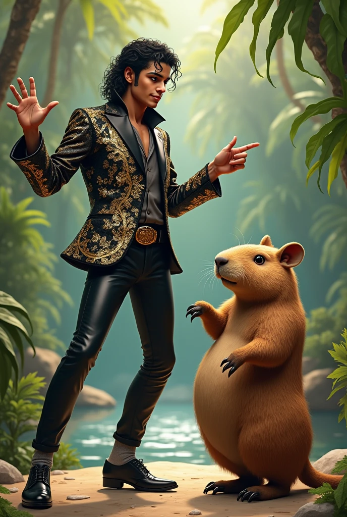 generates an image of Michael Jackson next to a capybara
