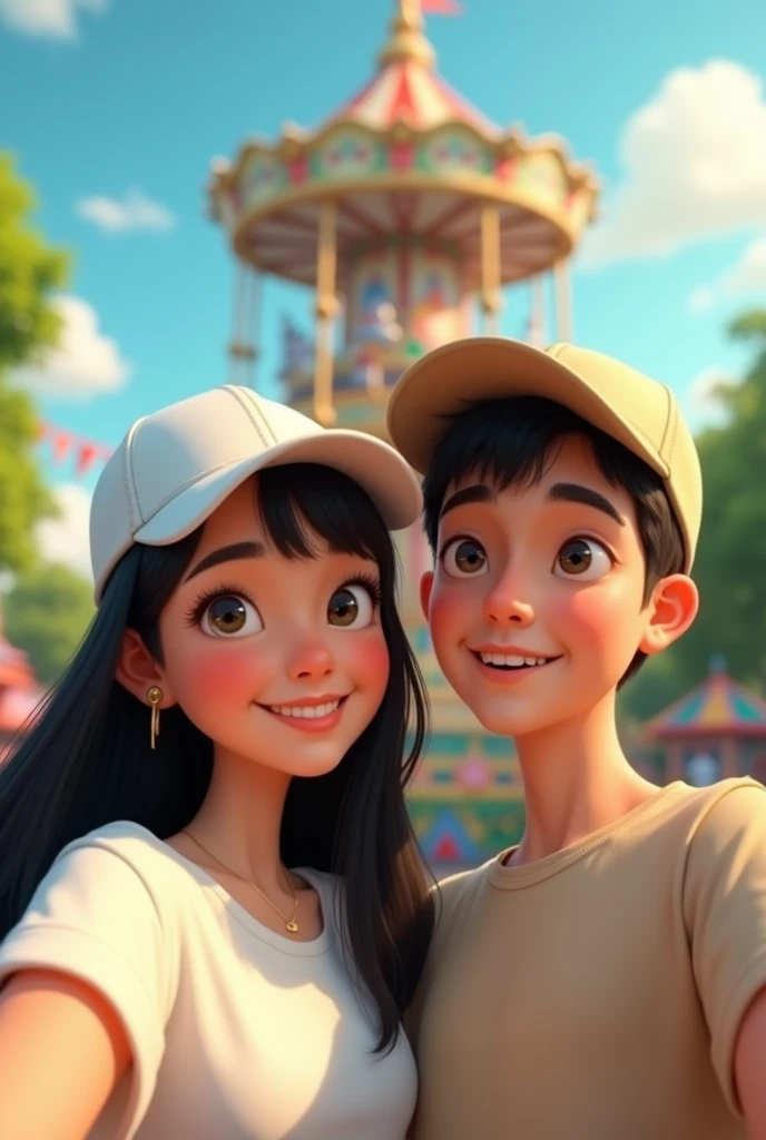 Pixar-style cover There is a man and a woman taking a selfie in front of a carousel., a photo of Ric Estrada, Instagram, tachisme, park in the background, in a park, in the park, with a park in the background, in the park on a beautiful day, with a park in the background, theme park, walks, in the park, 😭 🤧 💔 The girl has black hair and a white shirt and she is not holding the cell phone, and she has a white cap, the boy has a beige cap and his shirt is also beige. In the image you can see their faces and the carousel in the background.