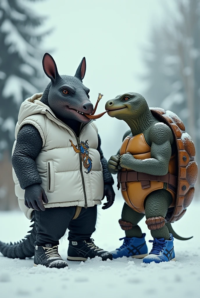 An armadillo with black scale-textured skin wearing black running shoes, in gangster style with a lit pipe in his mouth and a white snowboard jacket with a dragon symbol. Beside him a turtle with blue running shoes. The two are standing with their arms crossed in the snow. The armadillo and the turtle are around 2 meters tall and the sneakers are from ASICS.