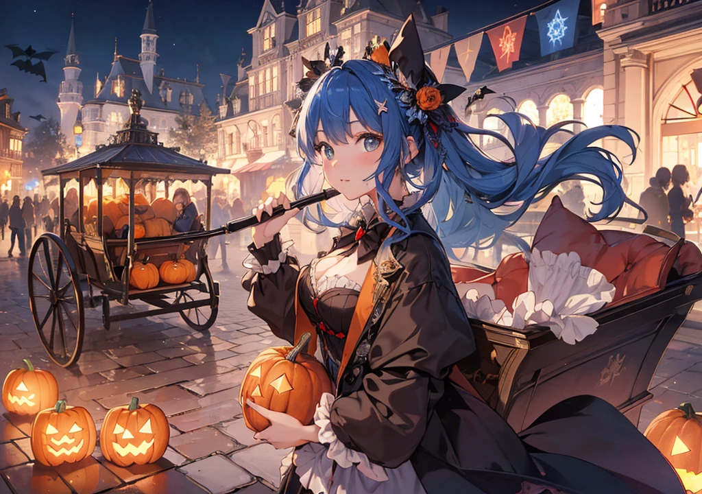 Realistic photos, Focus distance 10mm, Red and white, Beautiful girl, Realistic photos, Shooting at focus distance 10mm, masterpiece, 最high quality, high quality, Very detailed CG 8k wallpaper unit, Award-winning photography, Depth of written boundary, High resolution, bloom, chromatic aberration, Realistic, Very detailed, Art Station Trends, CGsociety Trends, Complex, High detail, dramatic, Art on the go, volumetric lighting, A blue-haired Disney princess-style girl is holding a magic wand and talking with friends in front of a pumpkin carriage at a Halloween party. A gorgeous castle can be seen in the background