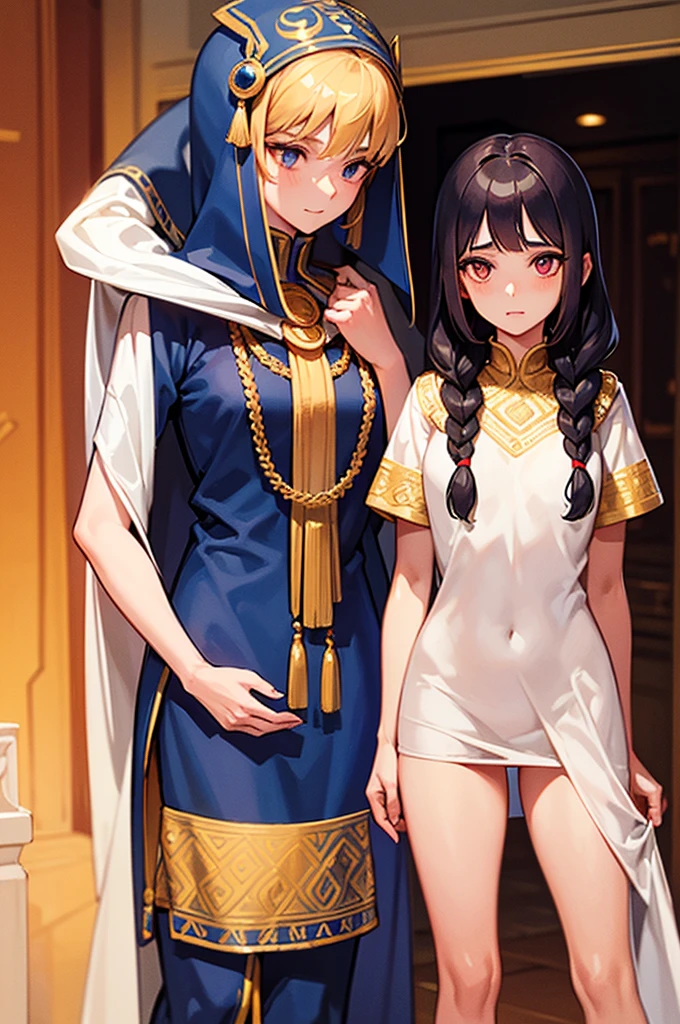 all intricate details, Sexy angle, 3 girls view. Nefertari: It has an elegant and regal appearance. Her long, dark hair is braided with golden beads and adorned with ostrich feathers.. He wears a white linen tunic with gold embroidery and a royal blue linen cape.. Phenotype: His almond-shaped eyes are an intense amber color., and his skin is a warm tone, like desert sand, she is brave and strategic. Like a general's daughter, She is committed to protecting her kingdom. isis: It has a mysterious and ethereal appearance. Her snow-white hair flows down her back, and wears a long dress with magical symbols embroidered in gold thread. Phenotype: His skin is pale, almost translucent, and his eyes are a deep blue, like the night sky, She is a calm and thoughtful girl.. as a sorceress, She masters healing magic and is protective of those around her.. Sometimes, his gaze seems to traverse time and space. Amara: Has an adventurous look, Her brown hair is pulled back into a messy ponytail., and wears a silk scarf to protect herself from the desert sun. Phenotype: His green eyes shine with curiosity, and his skin is tanned by the sun, She is curious and brave, as an archaeologist, is fascinated by ancient secrets and forgotten tombs Sekhmet: She is an imposing girl with a perfect and fierce body.. Her flame-red hair is braided with gold beads and adorned with lapis lazuli jewelry.. Phenotype: Her golden eyes seem to reflect the inner fire of her warrior spirit but she is passionate and temperamental so she likes to walk showing her body as much as possible to the point of being naked.. As leader of the rebels, fight oppression with ferocity, She is also a professional seductive girl