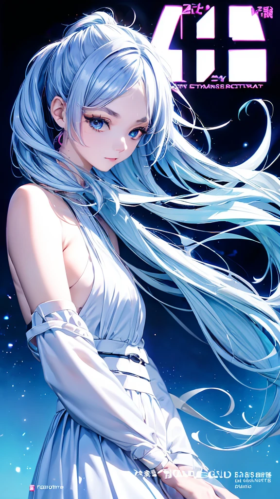 1 person, 20-year-old girl, One person, (Silver Hair), Long pointed ears(Gradient sky blue hair tip:1.6), hair, Ridiculously long hair, Single Side Lock, Wavy Hair, Shine髪, Floating Hair, (Fantastic deep purple eyes), Delicate eyes, Aqua Eye, Very fine eye, Long upper eyelashes, ((Glowing Eyes)), compensate, Focus on the face, Highly detailed facial, Pretty face, Perfect breasts, Hot body, (Delicate skin texture:1.2), break, White extra long skirt, Fashion Clothing, necklace, Technical clothing masterpiece, on the road, Gazing at the starry sky, meteor, cyber punk, Detailed Background, The perfect layered cut, clean focus, (magazine:1.3), (Cover Style:1.3), Octane Rendering, Tyndall effect, Real, Dark studio, Side light, 2-color illumination, realism, Chiaroscuro, (Shine光), Shine, Ray Tracing, Cinema Lighting, Futurism, Motion Blur, Atmospheric perspective, Depth of written boundary, Bokeh, Highest quality, 超High resolution, Super Detail, masterpiece, High resolution, Accurate, retina, Anatomically correct
