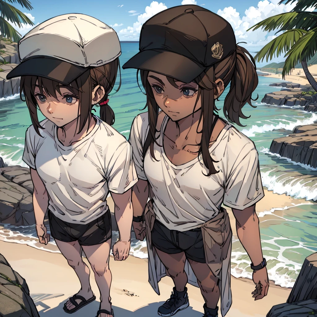 Man in beach clothes with shirt, brown hair ponytail, cap, fully body]
