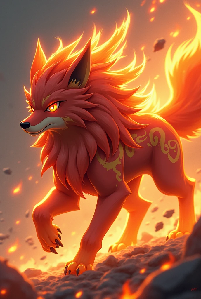Fire type pokemon, wolf animal. Red and gold colors.