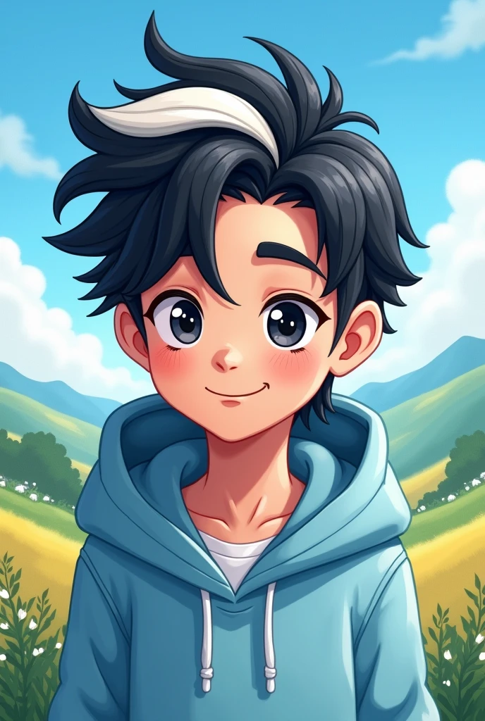 A discord profile picture of a guy with black hair with a white and blue streak and a light blue hoodie with black eyes with a hood and low fade hair with a cartoon style valley background with a smile and closed eyes.