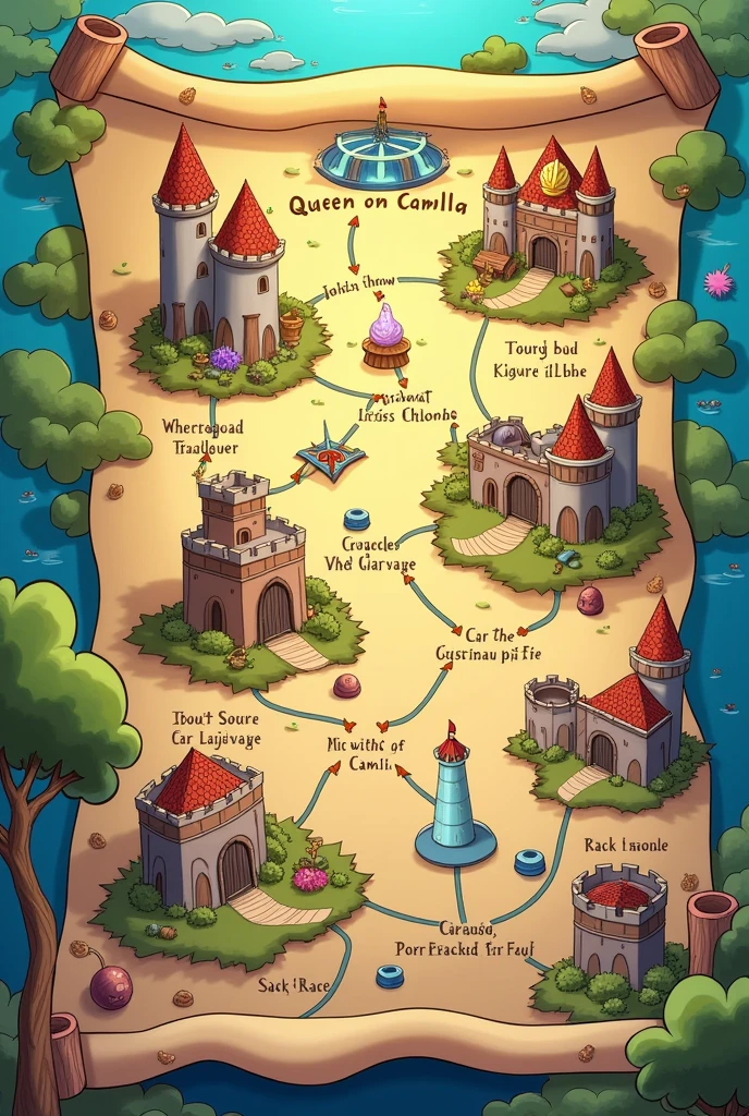 Treasure Map

[Image of a map with a route connecting the stations]

Station 1: The Queen on Camilla
[Image of a crown]

Station 2: Javelin Throw
[Image of a flying javelin]

Station 3: Build the Castle of Cups
[Image of a castle of glasses]

Station 4: Guess the Order
[Picture of a puzzle]

Station 5: Sack Race
[Image of a sack]

Station 6: Cut the Trunk
[Image of an axe and a log]

Station 7: Drive the Stake
[Picture of a stake and hammer]

Station 8: Obstacle Course
[Image of an obstacle]

Station 9: Fill the bucket with water
[Image of a bucket and water]

Station 10: Arrival at the Farm and Filling the Ping Pong Cups
[Image of a farm and ping pong cups]



