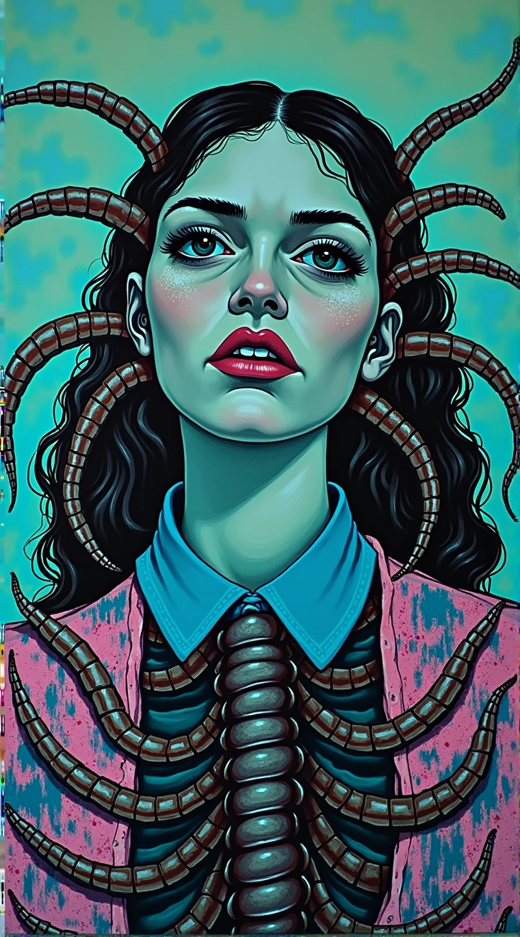 (best quality,hyperdetailed,ultra-detailed,realistic:1.2),Painterly, oil painting art, detailed depiction of centipede with a human face, somber atmosphere, somber lighting, soft lighting, art of Francisco Goya, creepy vibe, realistic portrayal of centipedes, intricate details, textured brushwork, gloomy color palette