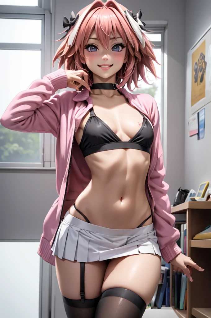 astolfo, Beautiful and slim perfect body, really spiky messy hair, short pink hair ,lock of white hair on left side, happy, smiling, blushing, thick lips, full lips, flat chest, Pectorals, not breasts, very thin body, open button-up shirt, shirt tied pectorals, midriff, choker, tiny micro pleated miniskirt, skirt barely covering panties, small bulge, thigh high stockings, high heeled sandals, perfect anatomy, classroom background, ultra-detailed, 4k, 8k, best quality, masterpiece, model, modeling, posing for camera, detailed background, (lenceria de encaje, translúcido), (medias de encaje), cuerpo completo, centrarse en las piernas, manos perfectas, maquillaje cachondo,