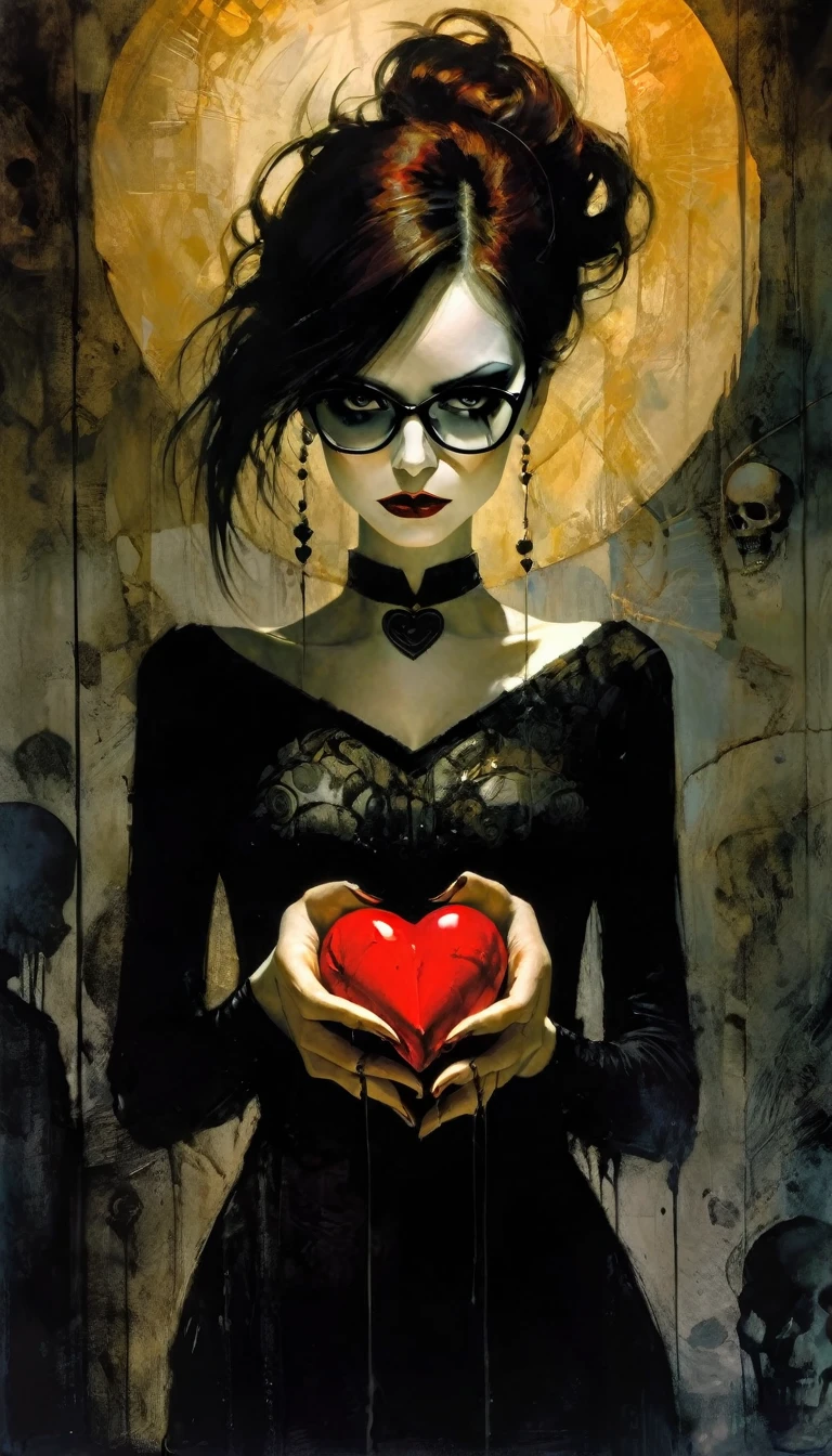 an animated drawing of a sexy woman holding a heart shaped item in her hand and wearing skull makeup, solo, heart, 1girl, glasses, earrings, jewelry, eroticism, sexy, between shadows, oil painting, chiaroscuro, sensual, dramatic lighting, moody atmosphere, photorealistic, intricate details, masterpiece, ultra-detailed, high quality, 8k, best quality, realistic, cinematic, dark and brooding, expressionistic, powerful composition, emotional impact, art inspired by Bill Sienkiewicz and Dave McKean
