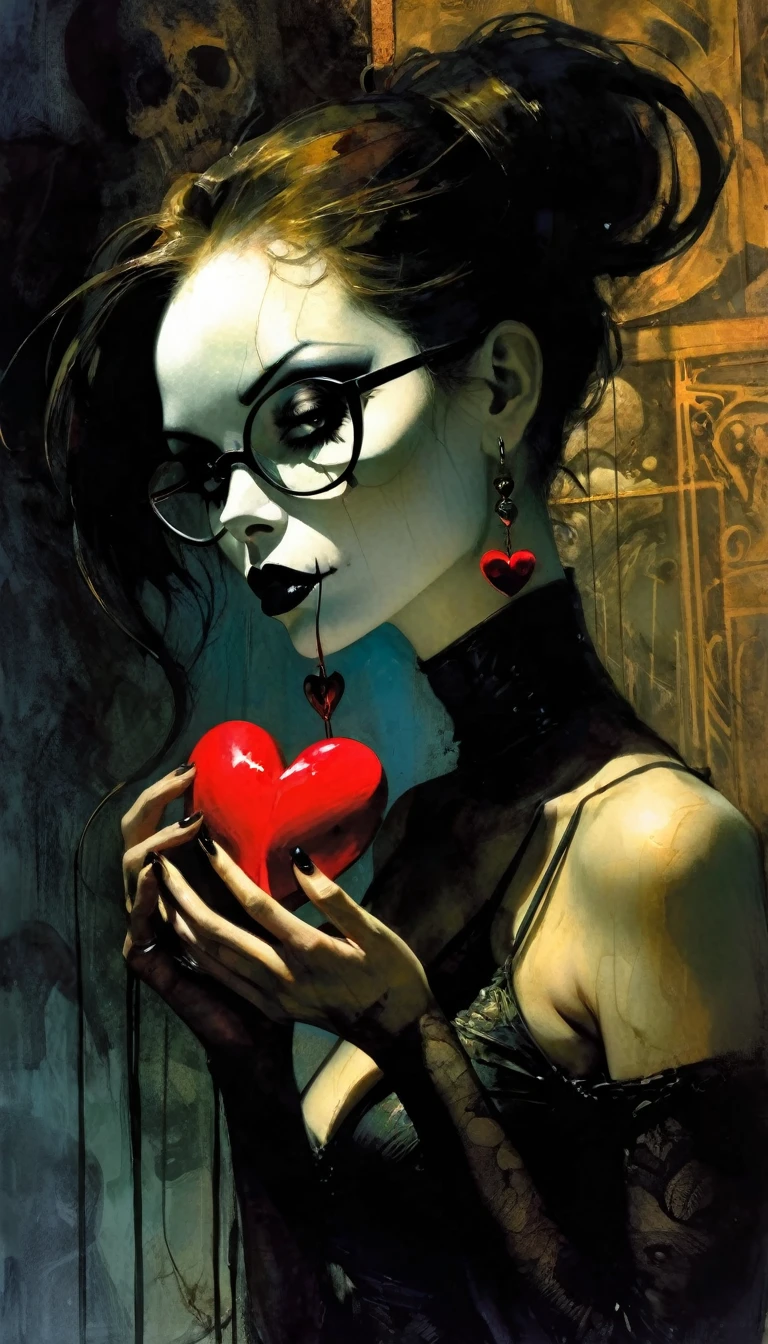 an animated drawing of a sexy woman holding a heart shaped item in her hand and wearing skull makeup, solo, heart, 1girl, glasses, earrings, jewelry, eroticism, sexy, between shadows, oil painting, chiaroscuro, sensual, dramatic lighting, moody atmosphere, photorealistic, intricate details, masterpiece, ultra-detailed, high quality, 8k, best quality, realistic, cinematic, dark and brooding, expressionistic, powerful composition, emotional impact, art inspired by Bill Sienkiewicz and Dave McKean
