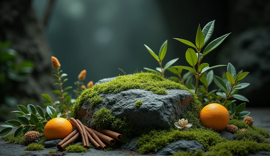 on a base rock with moss, bergamot, patchouli and cinnamon behind with dark light