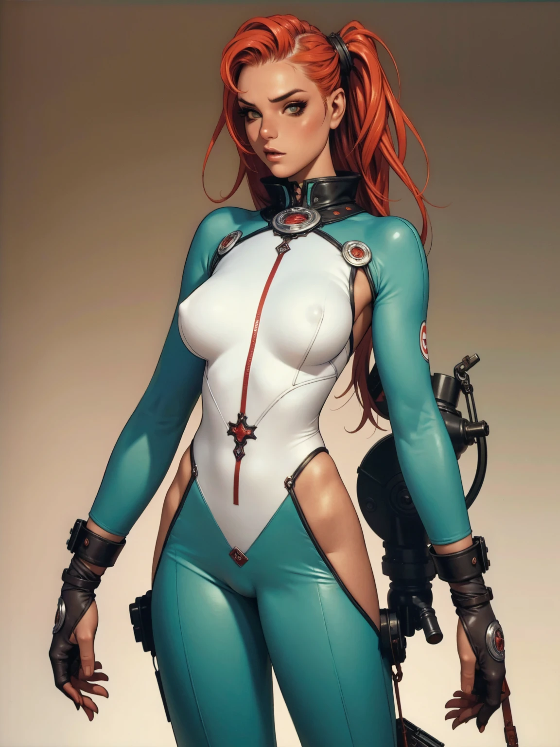 (((short arms))), ((( zombie girl ))), (((bandaged arms))), ((high collar)), (((green with red details))), (((best qualityer: 1.4))), (Unbeatable masterpiece), (hiper HD),(CG 8k hyper-realistic), (((brave face))), (((breasts big))), (((hyper feminine))), sexly girl, Kizi zumbi com pele azulada, scars and stitches on the skin of the neck, arms and legs,(punk messy hair)), ((( sculptural body ))), (((1 Kizi))), Kizi zumbi de 18 anos com perfectbody,,Beautiful and well-groomed face,muscular body:1.2,solid color detailed jacket, (Head to thigh photos), Complex equipment, green dark,Long pants,Tight clothes are dark,With white stars and off-white stripes,,,,,Armor Metal Electronic Parts, Poison tattoos ) INFO, Kizi, (((standing alone))), pirralha violent, ((())), sexly, pose de atitude, work of art, post-apocalypse, (((manga style))), bounty hunter, violent, Manic, the way you want, slenderbody, thin but strong, perfectbody, roupa moderna, advanced technology, neon, sleeves with vertical striped pattern, neutral background, (( cowboy shot )). intricate visual