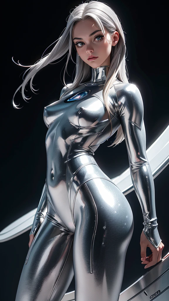 Silver Surfer, (Marvel comics), (T-1000) sexy silver girl, piel de mercurio líquido, powerful, Mercury skin, piel plateada, cuerpo plateado, silver face, silver skin, silver body, naked, nude, desnuda, sin ropa, Young, skynny body, small and beautiful silver buttocks, toned silver abdomen, small and beautiful silver breasts, very sensual, she is surfing in the space whit her silver surfboard, she is shooting energy rays with her hands, naves espaciales, planeta tierra en el fondo, planeta haciendo explosión, destroyed moons in the background, Dramatic background, alien invasion, sensual look, Beautiful silver eyes, classic hairstyle,Hair dyed in bright silver color, best quality,4k,8k,A high resolution,masterpiece,Ultra detailed,realistic, Photorealistic,photo realistic, ultra realistic, gran definición,