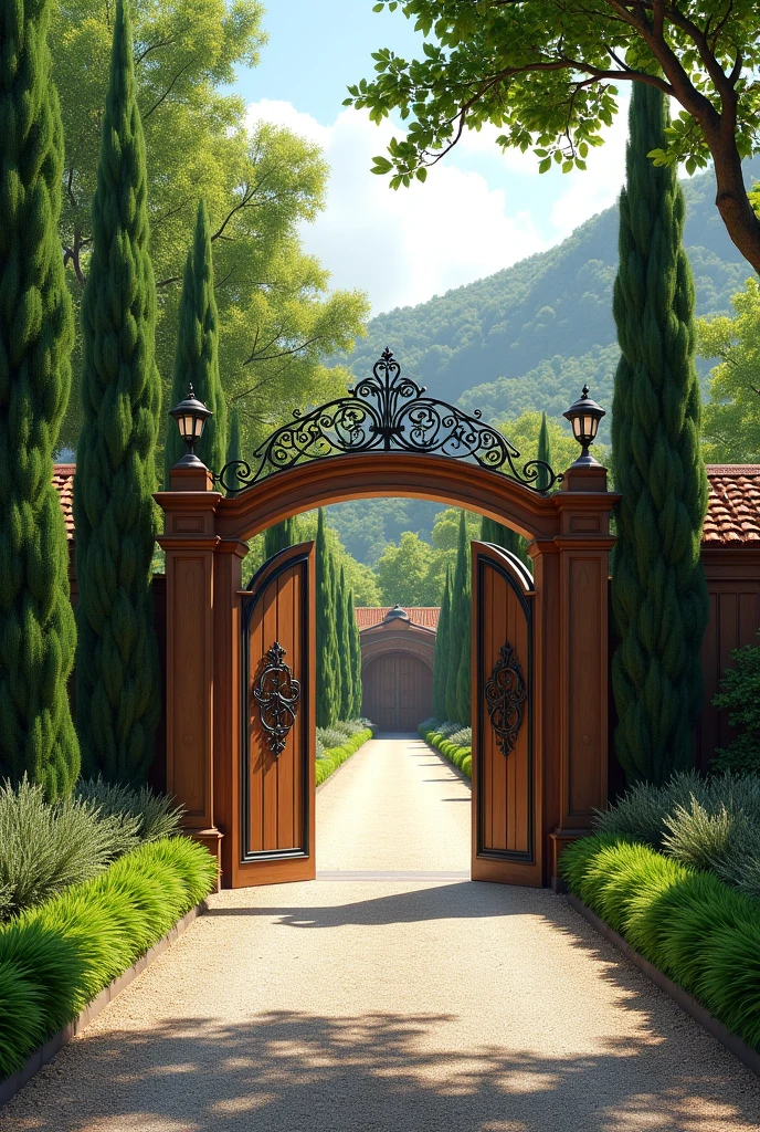 Front of the Resort:**
- **entrance gate:** A wooden gate with wrought iron details, flanked by native trees. The entrance leads to a gravel road surrounded by well-kept gardens..
- **gravel path:** Gravel road surrounded by cypress or native trees, leading to the main courtyard.