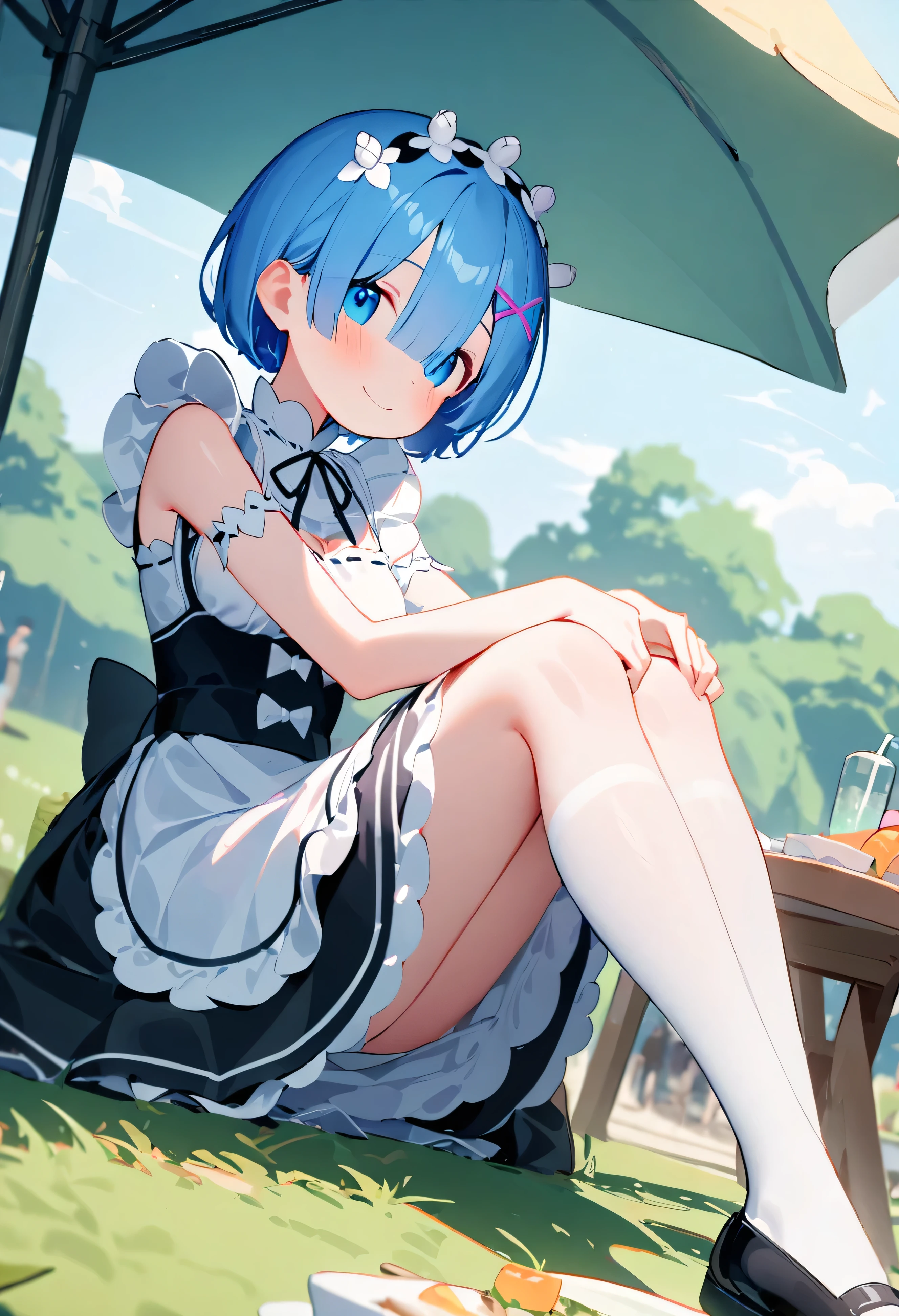 One girl, Againm \(Again:zero\), Again:zero kara hajimeru isekai seikatsu,maid,maid dAgainss,Headband,Sitting in a seat,Holding my knees,A glimpse of white panties,smile,Natural light, Outdoor picnic, sunny day,masterpiece, Highest quality, absurdAgains,,Angle from below